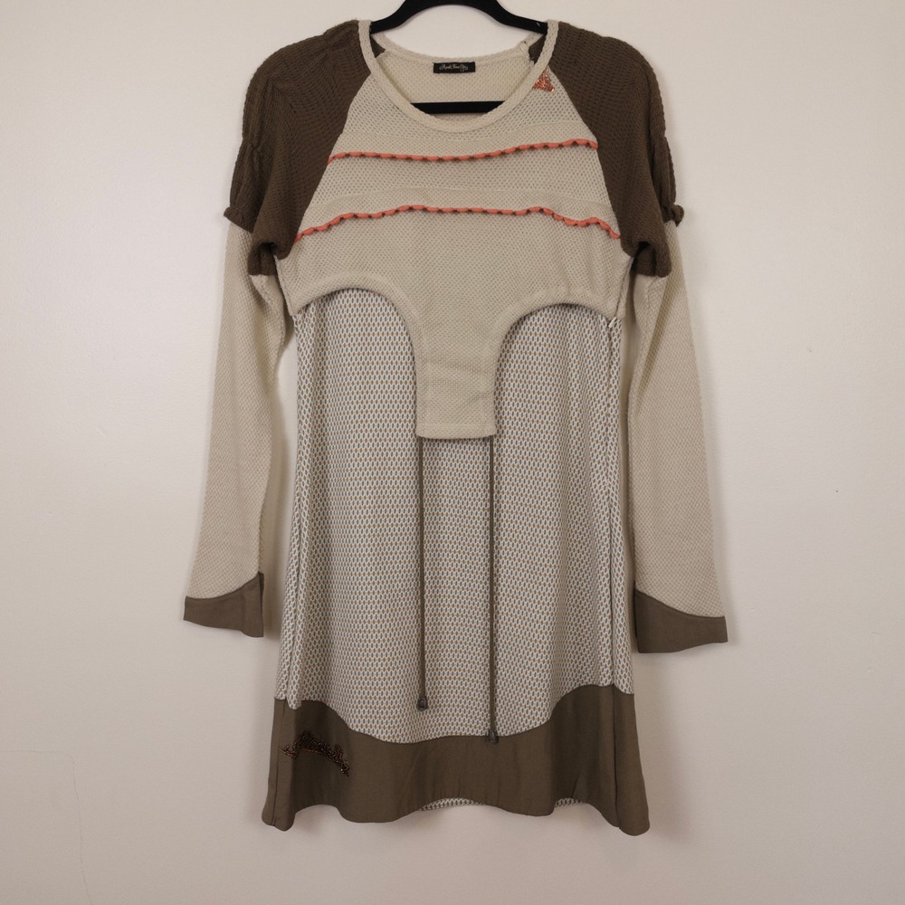 Angels Never Die Tunic Dress Womens M Brown Beige Mixed Media Knit Beaded Boho